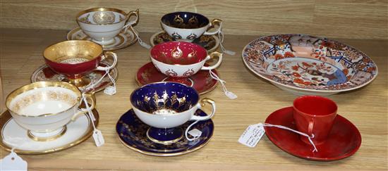 Six Aynsley cups and saucers, an ironstone dish and Doulton flame cup and saucer